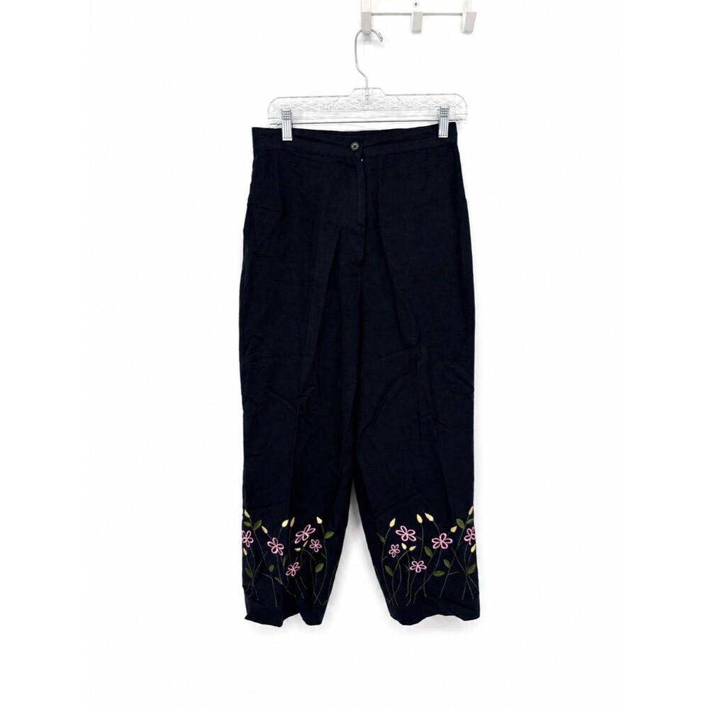 Larry Levine Sport Black Linen Blend Floral Embroidered Cropped Pants Size 8